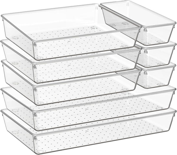 Criusia 8 Pack Large Clear Plastic Drawer Organizer Trays - BPA-Free Acrylic Storage Bins for Bathroom, Kitchen,