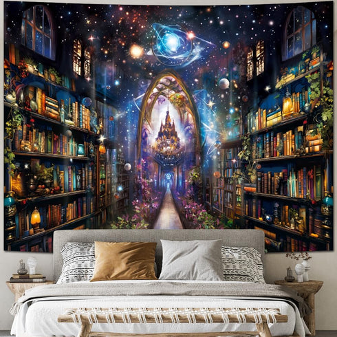 Heynvioo Mysterious Bookshelf Tapestry Galaxy Space Library Tapestry Fantasy Landscape Vintage Aesthetic Tapestries