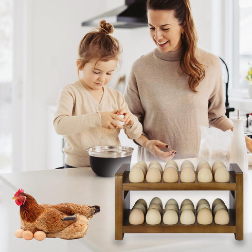 Uibyriy Countertop, 2-Tier 36 Countertop Egg Holder Wooden Egg Holder for Eggs, Wooden with Carry Handle for Chicken
