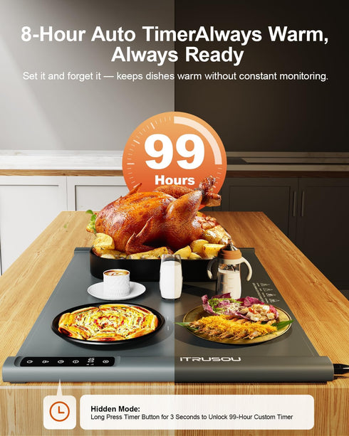 25.2x16" 7 Settings, 99H iTRUSOU Food Warming Mat Extendable Roll-Up Electric Warming Tray with Temp Timer