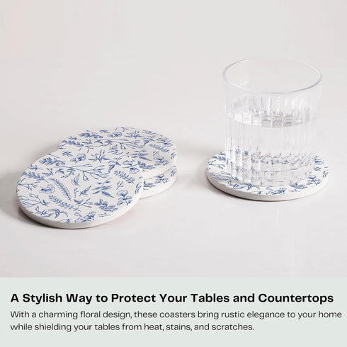 Set 6 of Floral Blue and White Coasters with Holder, Absorbent Ceramic Drink Coasters with Cork Backing for Table