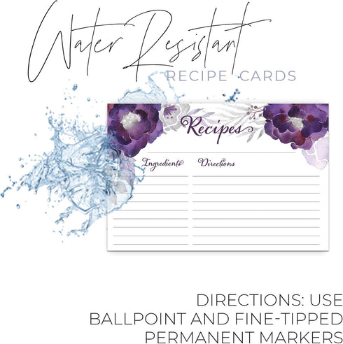 Floral Recipe Cards from Dashleigh, 48 Double-Sided Water-Resistant Cards, 4x6 inches (Violet Purple)