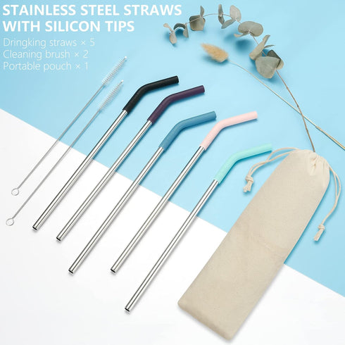 Senneny Set of 5 Stainless Steel Straws with Silicone Flex Tips, 2 Cleaning Brushes, and 1 Portable Bag (Silver)