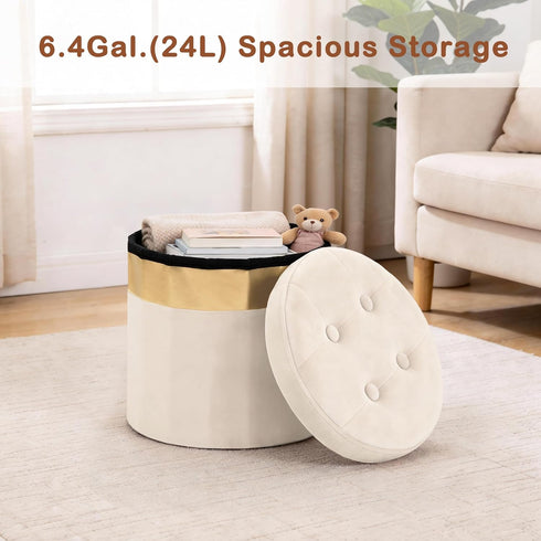 Room13x13x12.4(Beige,1pcs) xuperbonus Small Ottoman with Storage,Folding Round Ottoman with Gold Trim,Velvet Storage