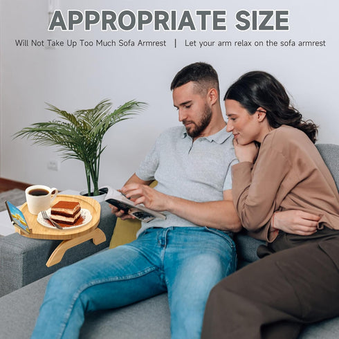 360 Couch Arm Tray Table, Bamboo Clip-on Couch Arm Tray with Phone Holder, Foldable Sofa Armrest Table for Eating