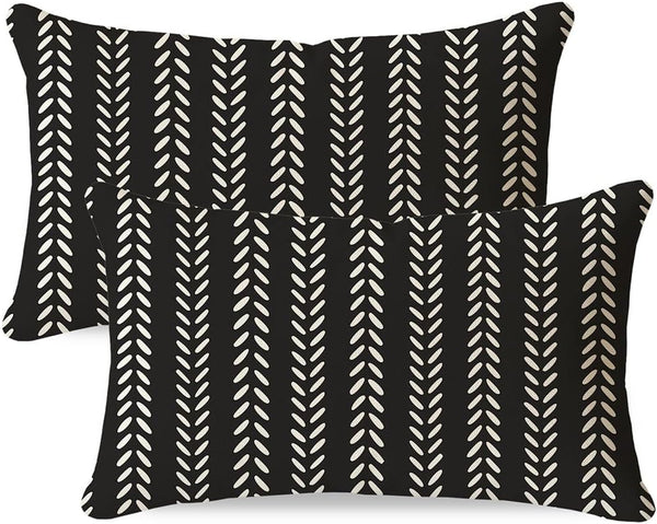 PANDICORN 12x20 Outdoor Lumbar Throw Pillow Covers Set of 2, Black Geometric
