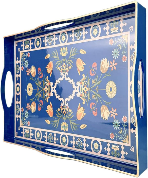 Boho Blue Decorative Tray, Serving Tray with 4 Handles, Plastic Tray for
