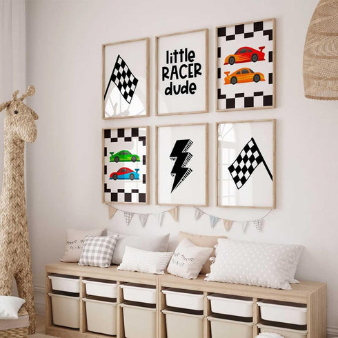 Tanmart Set 6 12x16 Inch Race Car Wall Art Pictures Boys Room Wall Decor Nursery Toddler Canvas Wall Art Kids Playroom