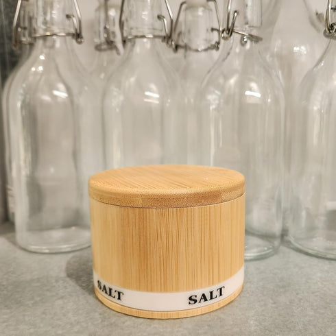 Salt Box Bamboo Salt Container with Swivel Lid and Spoon, Small Spice Cellar with Magnetic Seal - 8 oz Capacity