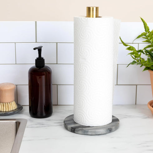 Modern Marble Paper Towel Holder with Brass Detail, Grey