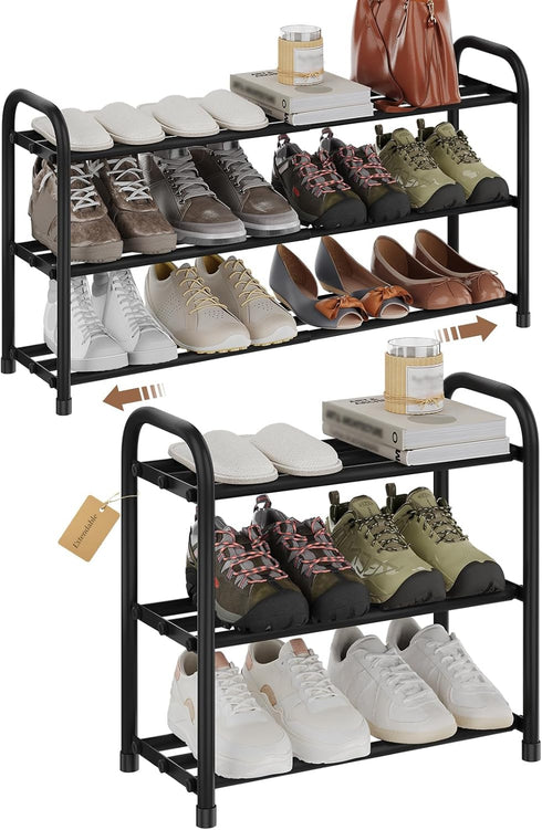 AUGOHCMIL Expandable Shoe Rack, 3-Tier Metal Shoe Storage Shelf, Adjustable Shoes Organizer for