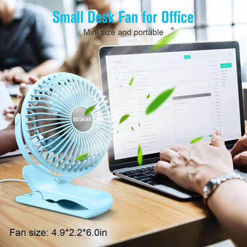 BESKAR Clip on Fan - Portable Small Desk Fan with Strong Airflow, 3 Speeds, USB Powered, Quiet