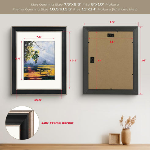 Golden State Art 11x14 Photo Frame with Mat for 8x10 Pictures, Real Glass, Silver-Beige with Black-Dark Brown Panel