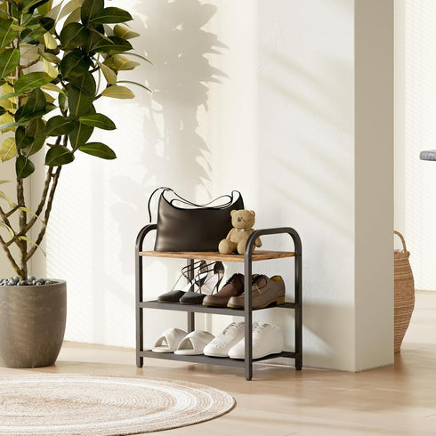 3-Tier Closet, 6 Shoe Rack, Heavy-Duty Metal Grid, Rustic Wooden Top & Guardrails - for Entryway, Bathroom (Holds