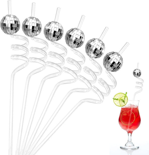 Chengu 12 Pieces 70s Disco Ball Straws - Silver Mirror Disco Party Favors Decorative Straws for Bachelorette Wedding