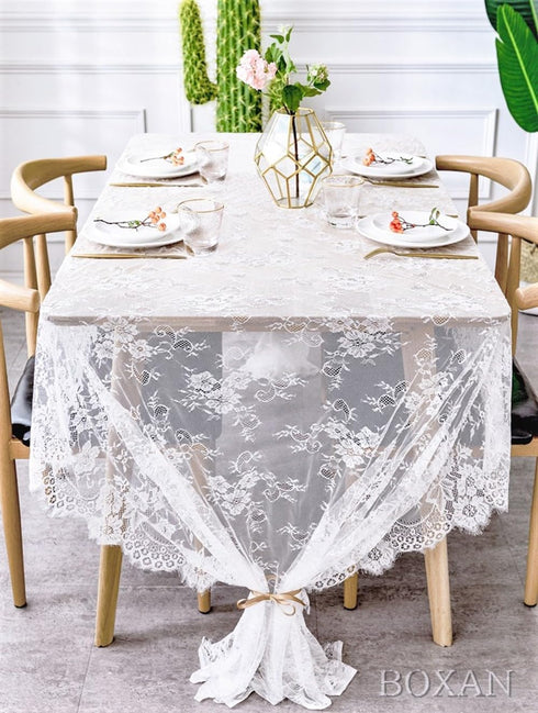 BOXAN Gorgeous White Lace Tablecloth Overlay, 60x120 Inch Rose Vintage Embroidered, Romantic Boho Wedding Reception