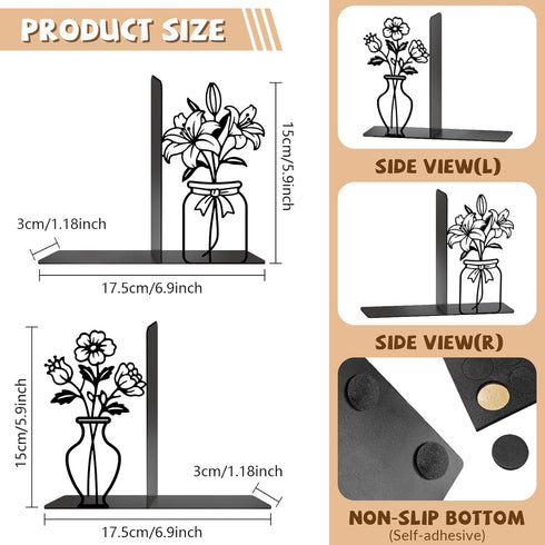 Metal Flower Book Ends Flower Vase Bookends Decorative Book Ends for Shelves Bookshelf Home Office Desk Bookshelf Decor