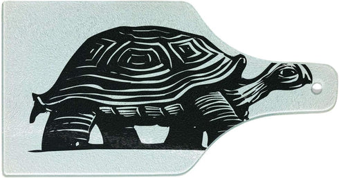 Lunarable Turtle Cutting Board, Woodcut Style Slow Animal Walking Around Sketch Style Jungle Fauna Illustration, Tempered Glass Serving Board, Wine Bottle Shape, Medium Size, Black Print