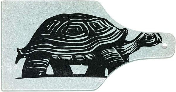 Lunarable Turtle Cutting Board, Woodcut Style Slow Animal Walking Around Sketch Style Jungle Fauna Illustration, Tempered Glass Serving Board, Wine Bottle Shape, Medium Size, Black Print