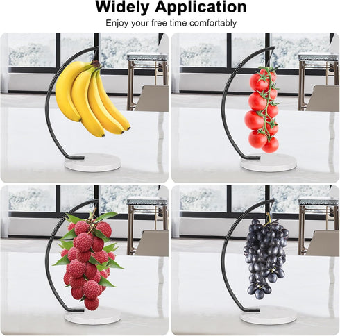 Black Banana Holder with Marble Base, Metal Hanger Tree Stand for Fresh Fruit Storage, Freestanding Kitchen Organizer