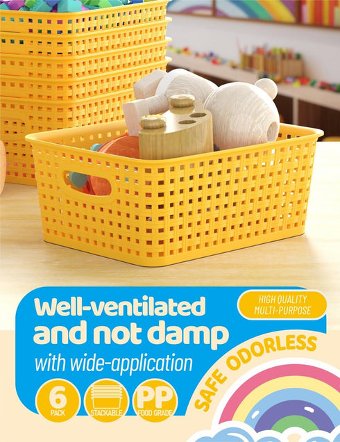 WYT 6-Pack Plastic Small Shelf Storage Weave Baskets, Organizing for Cabinets and Pantries, Yellow