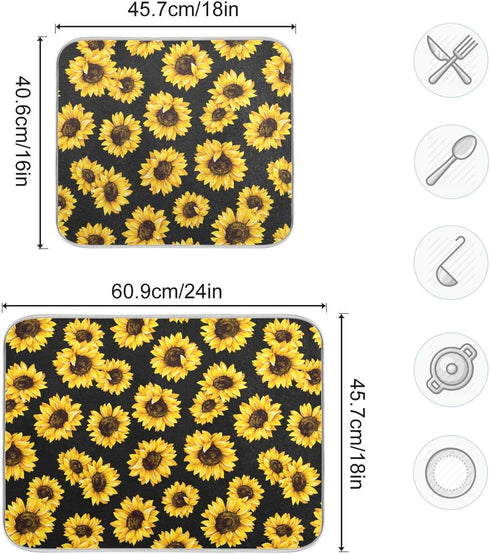Yellow Sunflower Dish Drying Mat, 18x24 inch Floral Kitchen Counter Protector for Dishes and Bottles