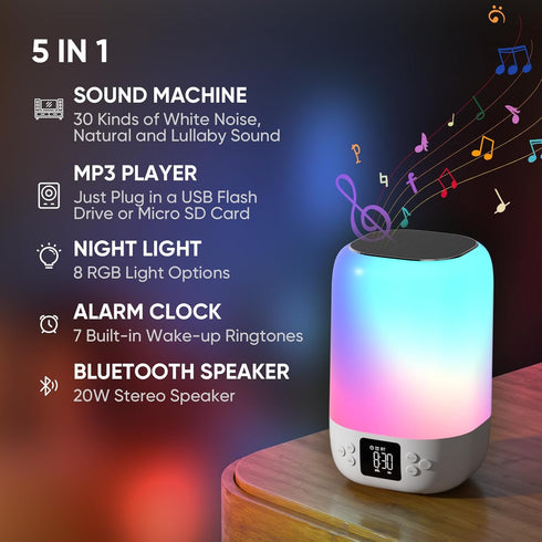 Dimmable 8 10-15 Night Light Bluetooth Speaker Alarm Clock, Sound Machine with White Noise, Touch Bedside Lamp