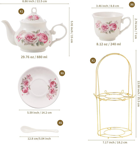 TATSUMI 20-Pieces Set Sets Sets Home&Party(016) Tea For Adult with Golden Metal Rack,Porcelain Tea For Women,Tea Gift