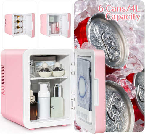 Mini Fridge for Bedroom, 4L Skincare Fridge with Dimmable LED Light, Cooler & Warmer for Makeup, Office, Car, Dorm, Pink