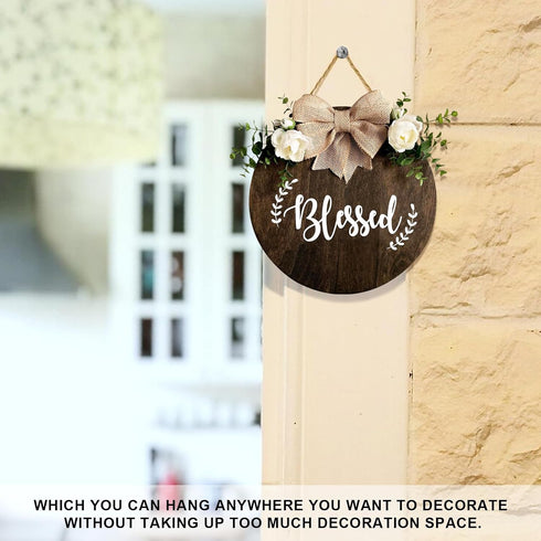 Blessed Farmhouse Welcome Sign, Round Wood Hanging Door Decor with Ribbon Bow and Artificial Greenery for Front Porch