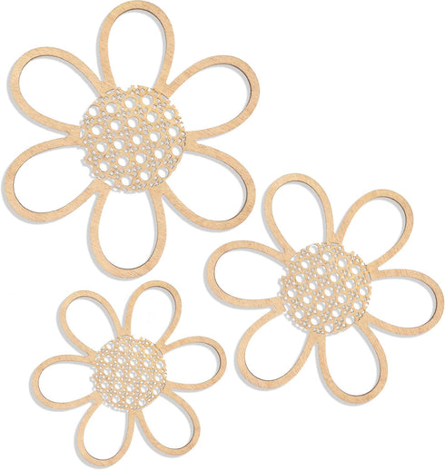 Maitys Boho Wall Decor Set of 3, Wood & Rattan Daisy Flower Wall