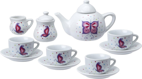 Set, 13 4 4 Alex Chasing Butterflies Ceramic Kids Tea Piece,Includes teacups, saucers, tea pot with lid, sugar bowl