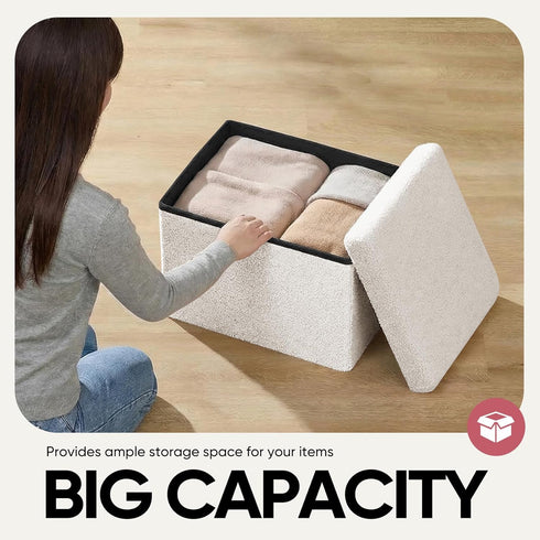 16.5in Small Storage Ottoman Foldable Sherpa Top Storage Bench,Foot Rest/Step Stool for Bedroom Dorm Entryway, Space