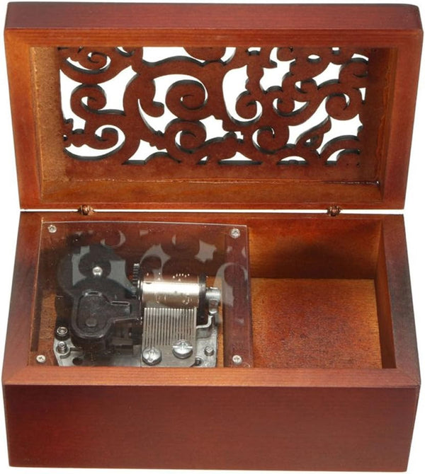 FnLy Antique Engraved Wooden Wind-Up Musical Box, Love Story, with Silver-Plating Movement, Rectangle