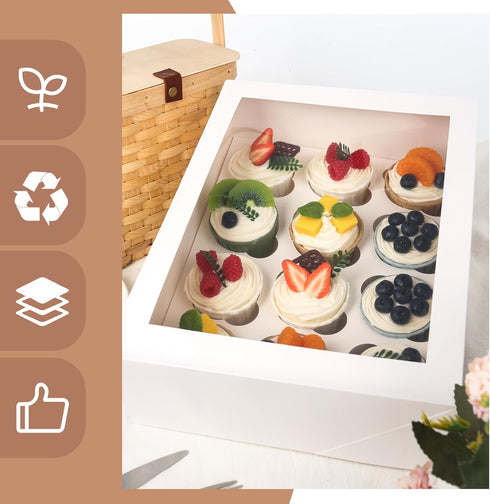 VGOODALL 2PCS White Cupcake Container, 12 Count with Window Boxes, Holding 24 Pastry Box for Bakery Supplies