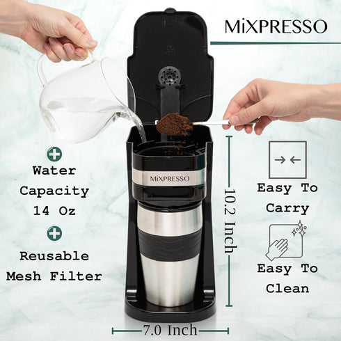 Mixpresso Personal Single Serve Coffee Maker & 14oz Travel Mug, Drip Small Coffee Maker with Auto Shut Off & Reusable
