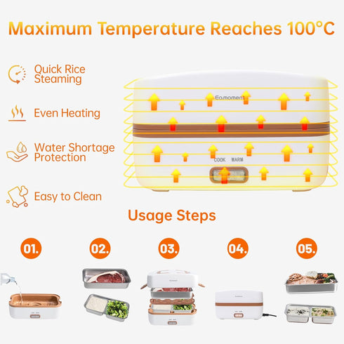 Brown Electric Lunch Box Food Heater, 270W 304 Stainless Steel, 1000mL Capacity for Adults/Work