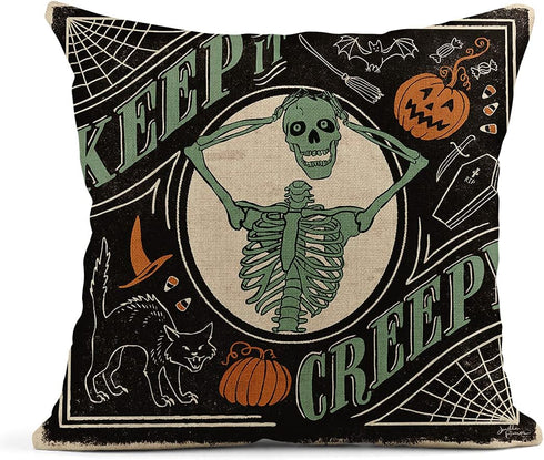 Set of 4 Linen Throw Pillow Covers 18x18 Inch, Vintage Halloween Scaredy Cats Pumpkins Skeletons