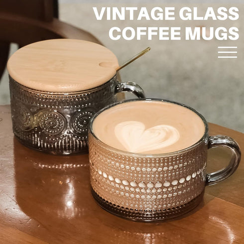 14 Oz Set 2 Vintage Glass Coffee Mugs, of Embossed Glassware Tea Cups for Breakfast, Dessert, Cappuccino, Latte