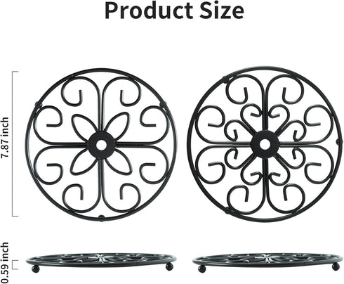 Heart Trivets - Set of 2, 8 Inch Round Black Heat-Resistant Metal Teapot Trivet for Kitchen and Dining