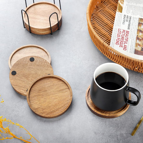 4.33in, Set 6 WLWNWFT Acacia Wood Coasters for Drinks with Lip Round Drink Coaster with Holder for Coffee Dining Table