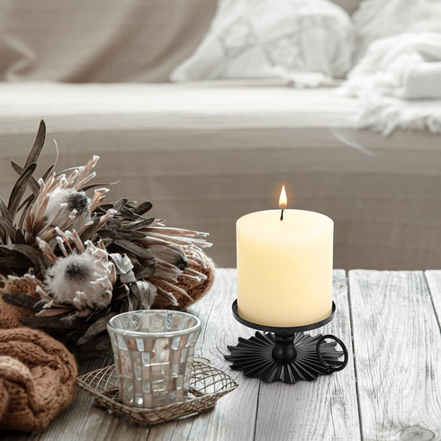 Black Iron Plate Candle Holder - Set of 2 Candle Pedestal for 3.15in Pillar Candles