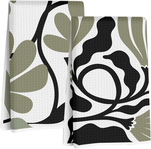 Jztco 2Pcs Abstract Floral Kitchen Towels 24x14 Inch, Boho Style Sage Green Flower