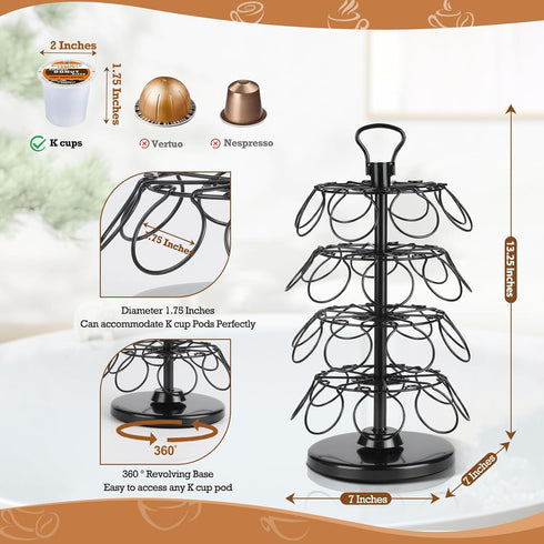 K Cup Holders Carousel, Coffee Pods Storage Organizer Stand (Black, 32 Pods Capacity K/D Design)