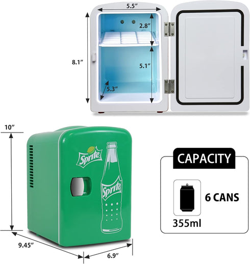 Sprite 4L Mini Fridge, 6 Can Portable Cooler Warmer, Personal Travel Refrigerator for Office, Skincare