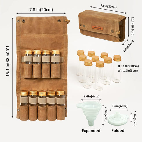 MONGPIENS 9 Camping Spice kit with spice Jar,rope,Spice Labels Sticker,Silicone Collapsible Funnel, Canvas Travel