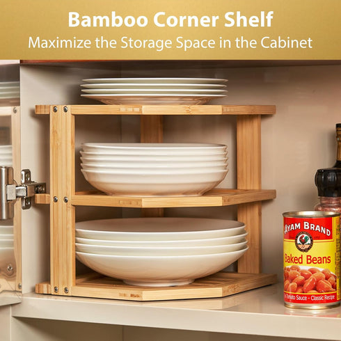 Countertop Umilife Plate Organizer for Cabinet, Bamboo Corner Shelf, Dish & Bread Organizer, Spice Rack, Kitchen