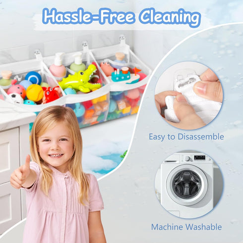3 Criusia Extra Large Bath Toy Organizer with Compartments and Multiple Pockets, Quick-Dry Mesh Bathtub Storage