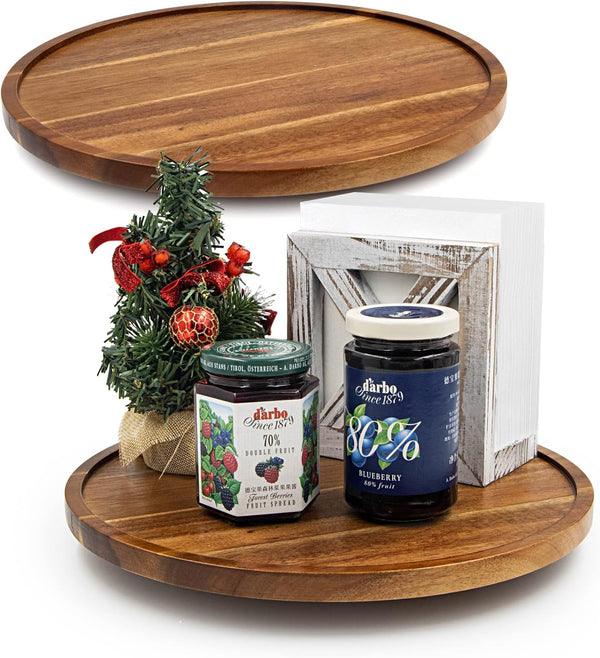 Lazy Susan Organizer for Table - 12 Inch Wooden Turntable - Acacia Wood Kitchen Spice Rack (2 Pack)