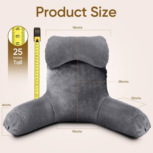 25''H Reading Pillow for Sitting in Bed Adult, Bed Pillow with Shredded Memory Foam, Pillow with Detachable Neck Roll